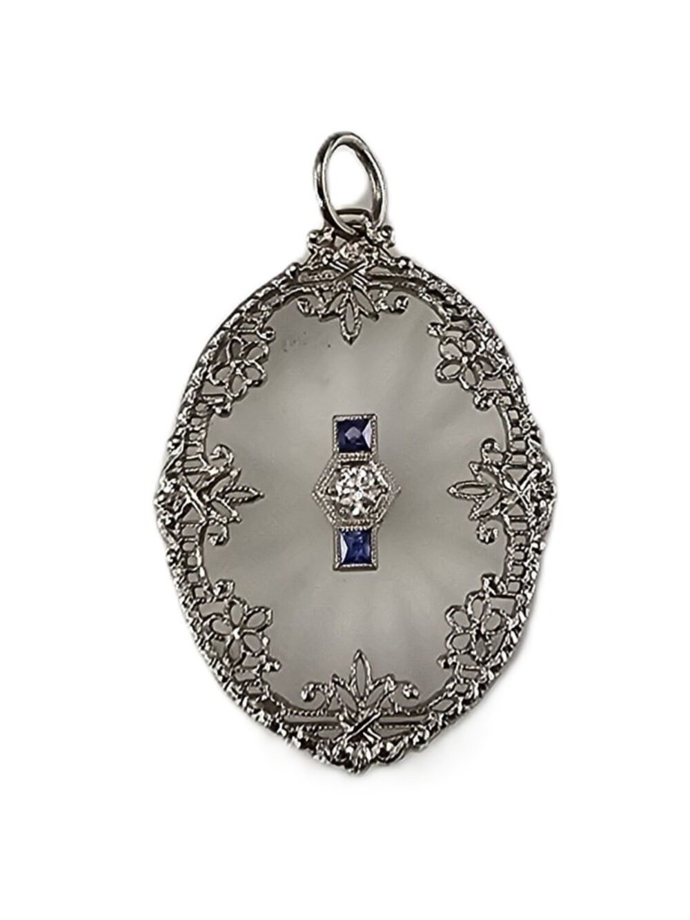 Platinum Camphor Glass, Diamond & Synthetic Sapphire Pendant #25132